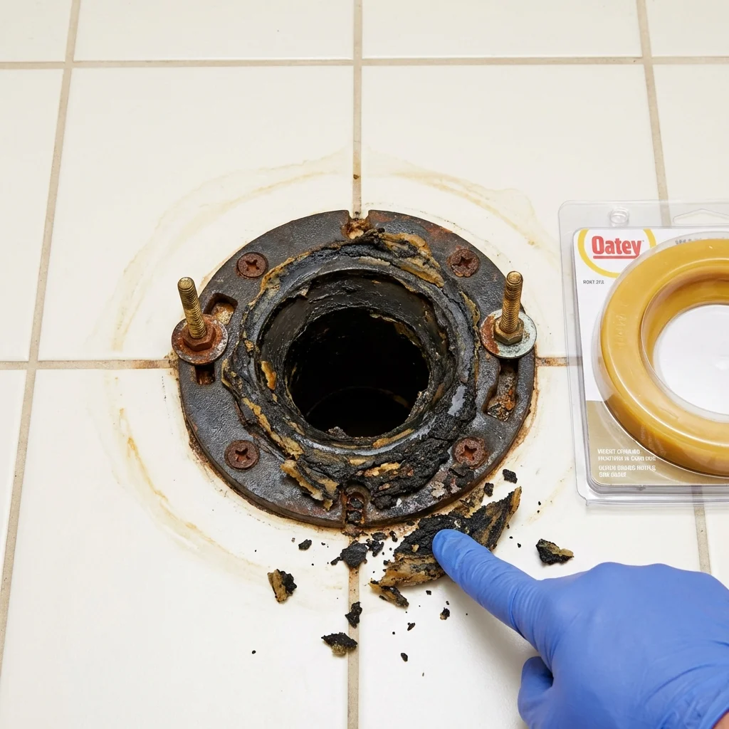 Failed wax ring showing water seepage at the base of a toilet in a Annandale, MN home